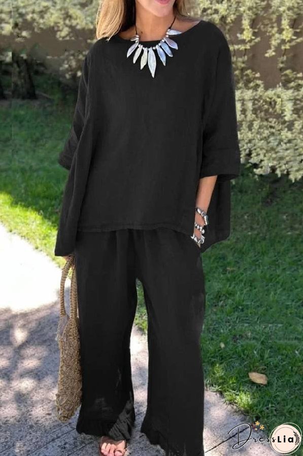 Casual Solid Color Loose Top & Pants Cotton Linen Two-piece Set