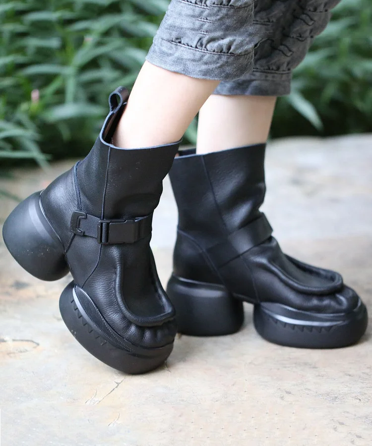 Women Black Cowhide Leather Boots Splicing Platform Boots