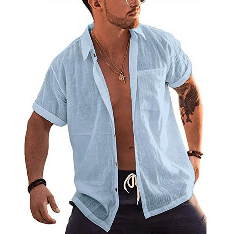 BrosWear Men's Solid Color Short Sleeve Patch Pocket Casual Shirt