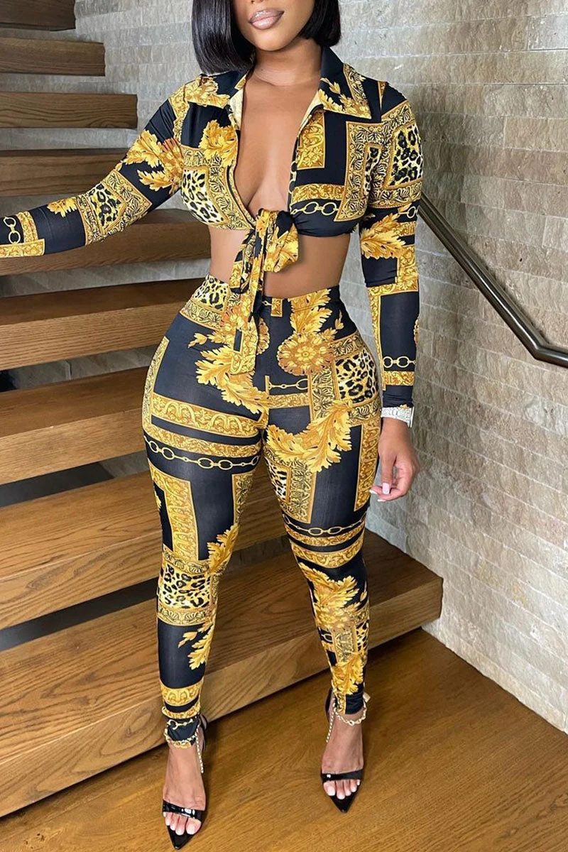 Sexy Print Bandage Split Joint Turndown Collar Long Sleeve Two Pieces