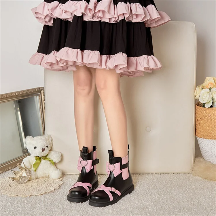 Black/Pink Magic Girl Sweet Heart Bowknot Boots BE505