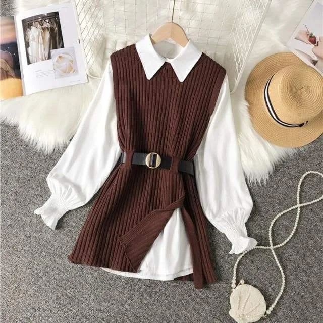 Dark Academia Long Lantern Sleeve Shirt With Knitted Sweater Top Vest SP16304
