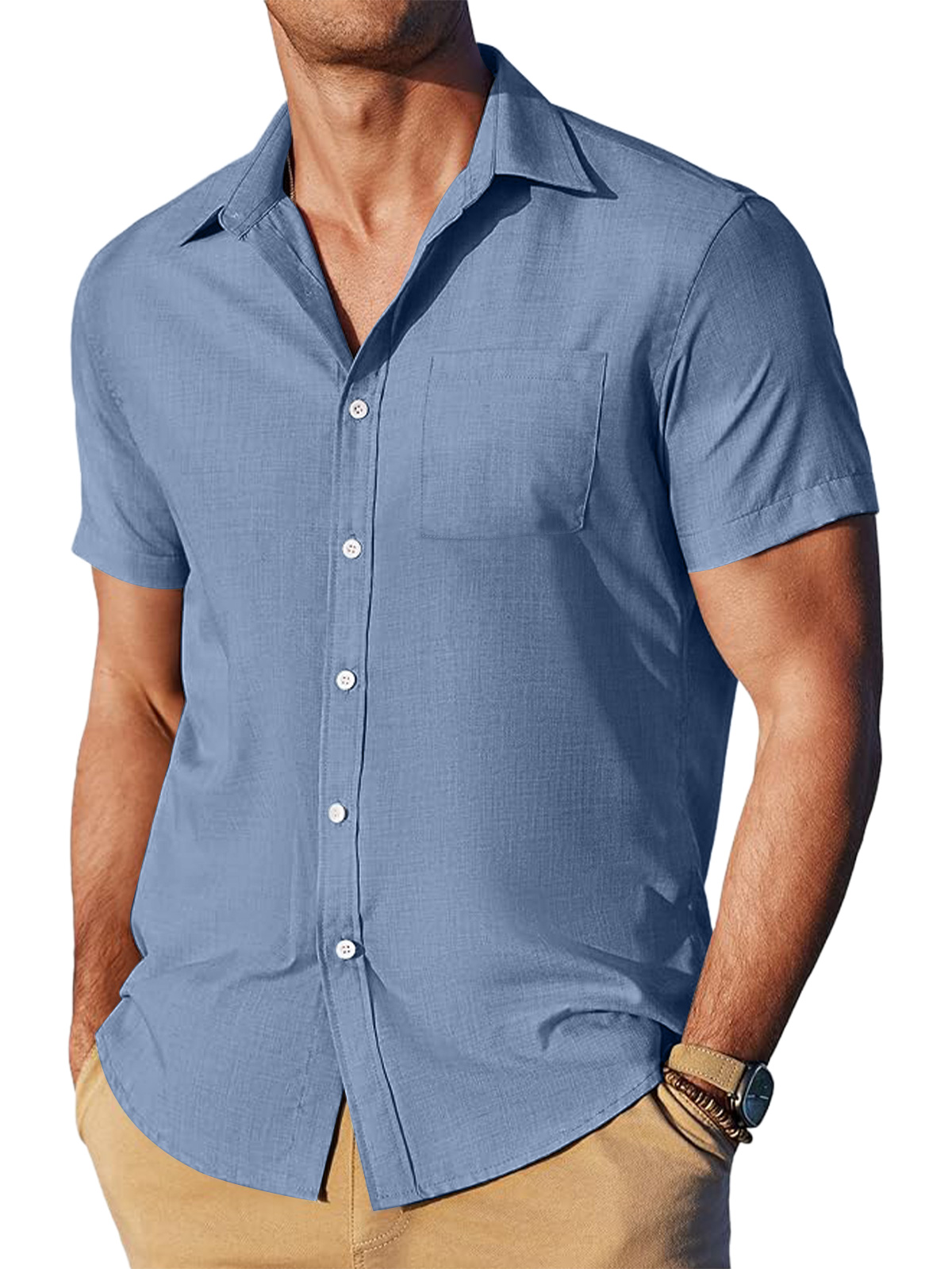 Men's summer cotton and linen solid color square pocket lapel short-sleeved shirt