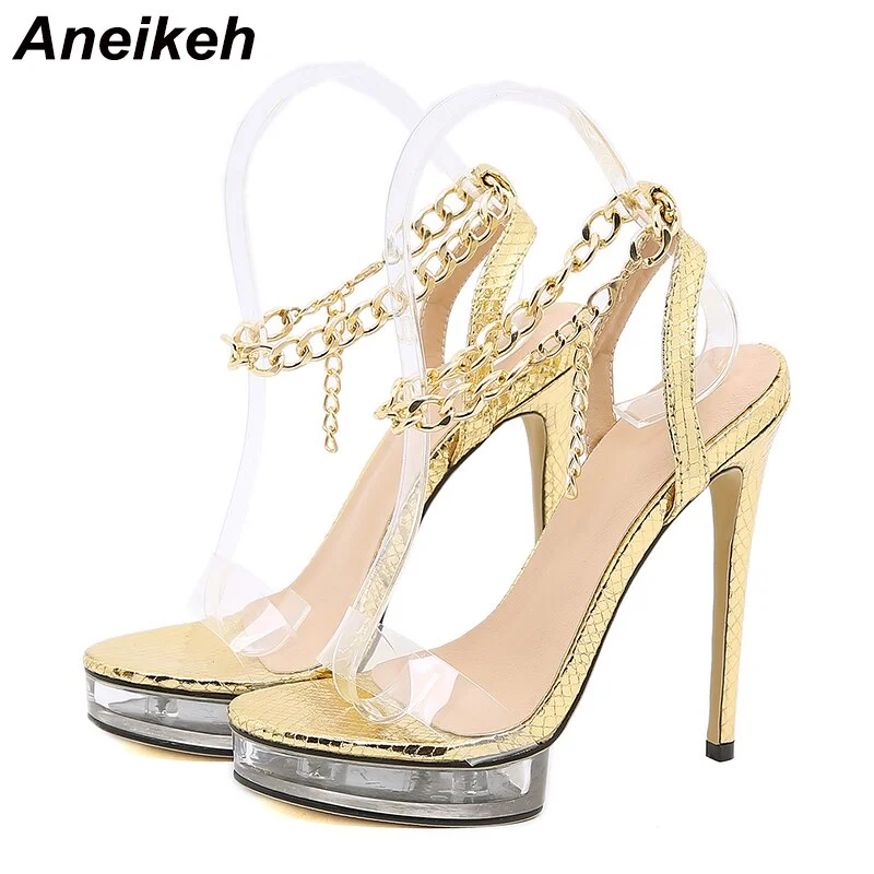 Aneikeh NEW Summer Sexy Crystal Waterproof Platform High Heels Sandals Shoes Women PVC Metal Chain Sandals Party Nightclub Pumps