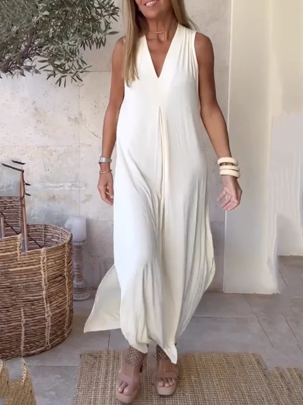 Solid Color Split-Side Loose Sleeveless V-Neck Maxi Dresses