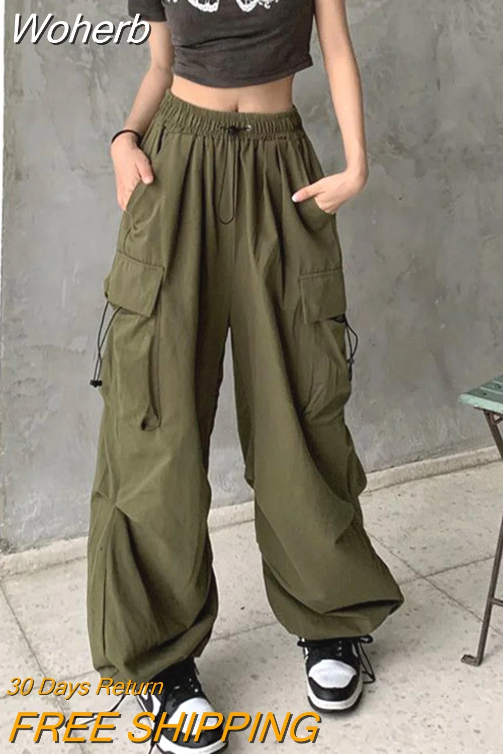 Woherb Streetwear Cargo Pants Women Korean Version Casual Solid Baggy Straight Trousers Female Fashion Wide Leg Oversize Sweatpants
