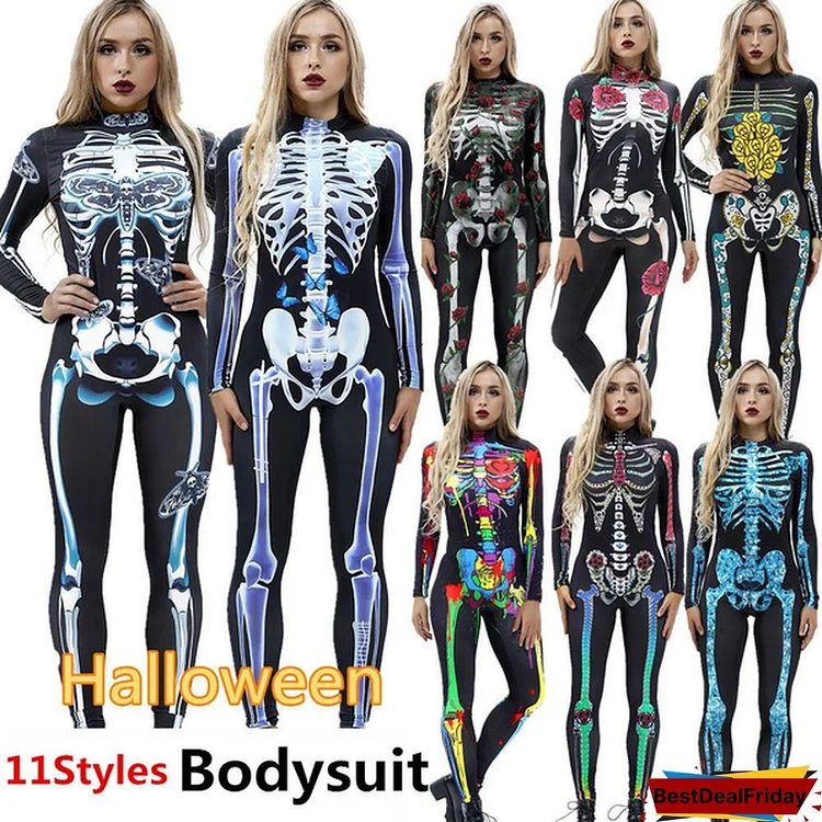 New Fashion Halloween Women's Jumpsuit Skeleton 3d Digital Printing Yoga Sports Fitness Slim Bodysuit