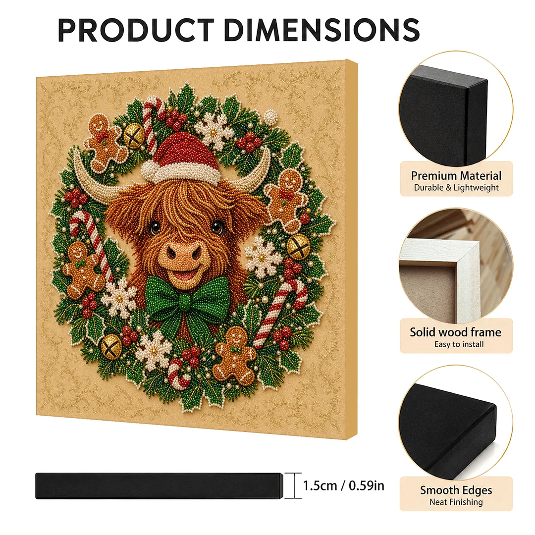 Framed Pearl Painting Kit Scottish Scotland Celtic Cow Christmas Wreath 7.87x7.87in