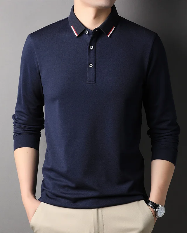 Men's navy blue lapel long sleeve polo shirt