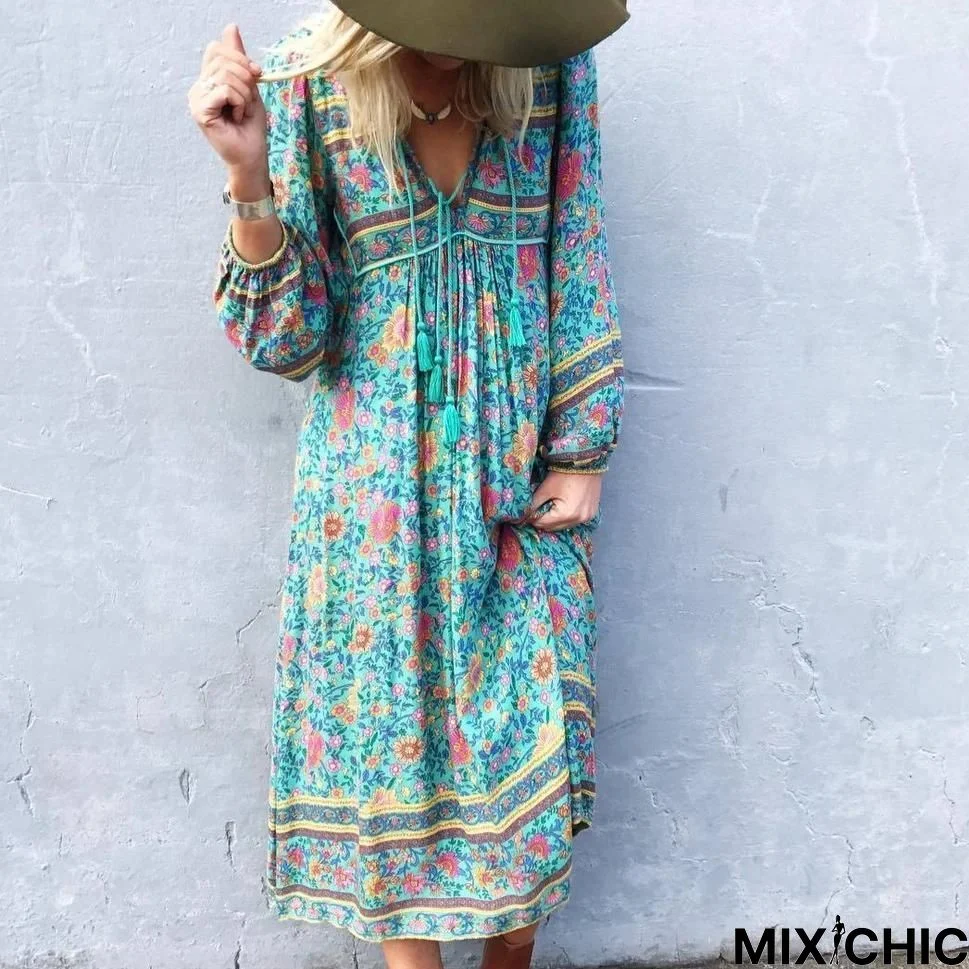 Elegant Boho Long Sleeve Loose Flowing Vacation Midi Dress