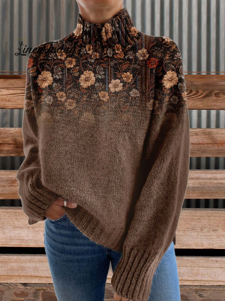 Brown Print Knit Turtleneck Pullover Sweater Multicolor / S