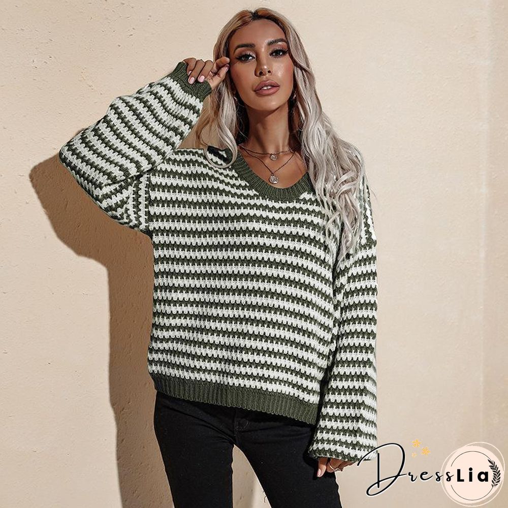 V Neck Loose Striped Sweater