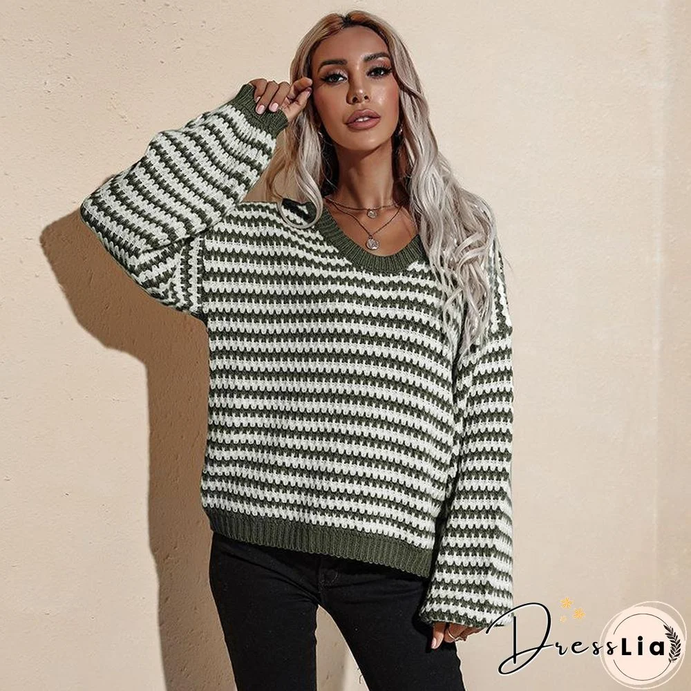V Neck Loose Striped Sweater
