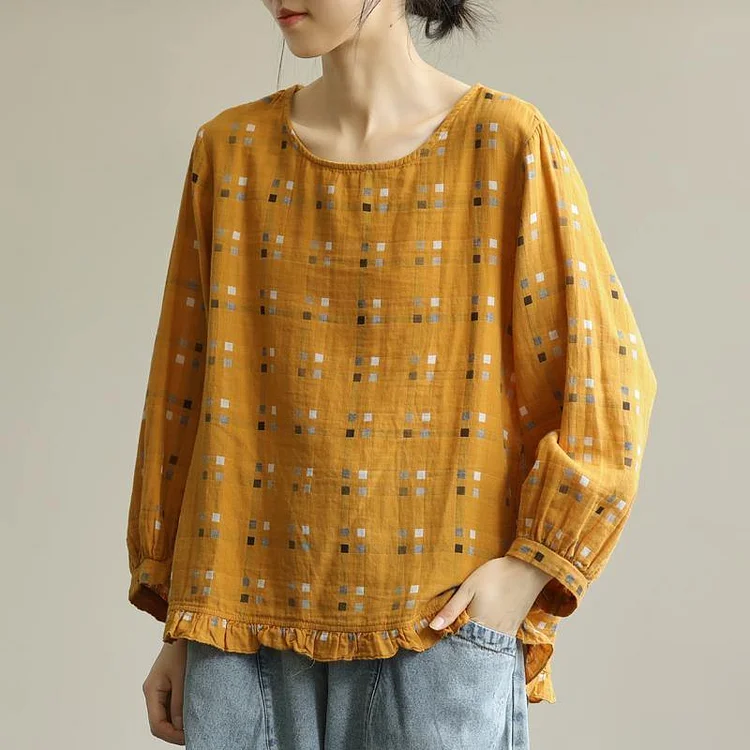 Women Casual Plaid Agaric Laces Tee T-shirt