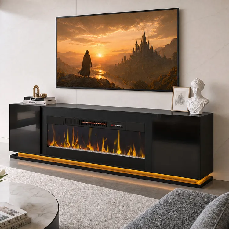 Bestier 70" Fireplace TV Stand for TVs up to 75", Modern Entertainment Center with 36" Fireplace and LED Lights, TV Console with Storage Cabinets for Living Room, Home Office