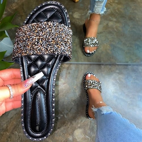 Back to college Women Crystal Slippers Ladies Bling Flats Female Fashion Outdoor Beach Shoes Female Footwear Women Summer Slides Plus Size 35-43