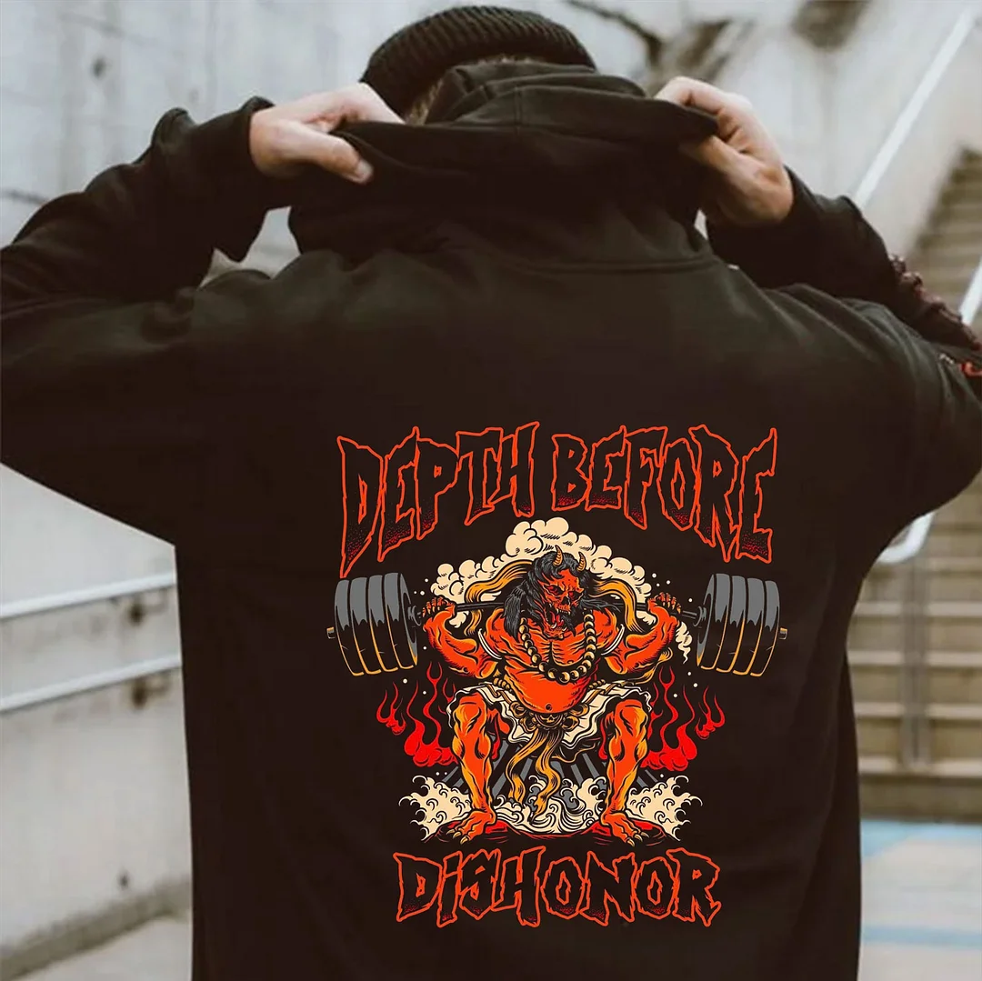 DEPTH BEFORE DISHONOR Hell Weightlifting Demon Black Print Hoodie