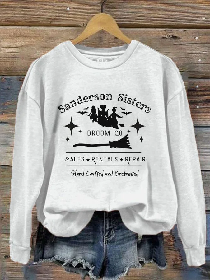 Women's Halloween Broom Sanderson Sisters Sales Rentals Repair Hand Crafted And Enhanted Print Crew Neck Sweatshirt