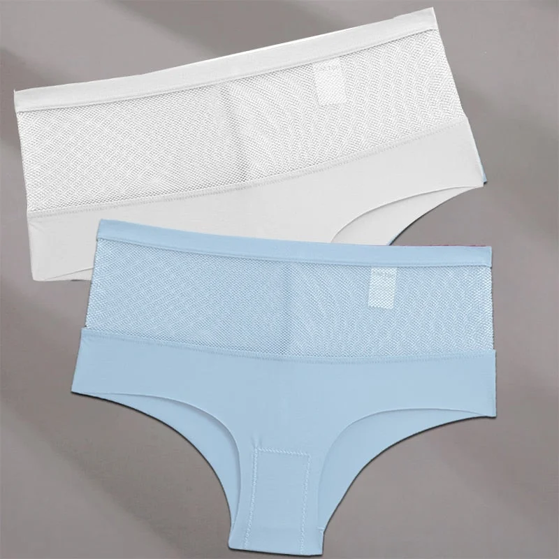FINETOO 2PCS/Set Seamless Mesh Women Pantys Girls Thongs High Waisted Woman Brief Fashion M-XL Sexy Underpants Lingerie Panties