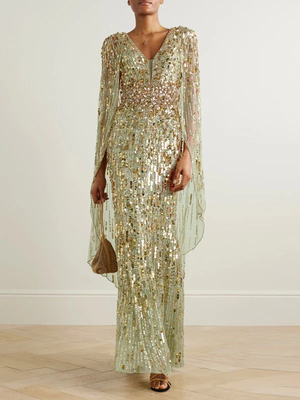 Honey Pie Cape-effect Embellished Sequined Tulle Gown