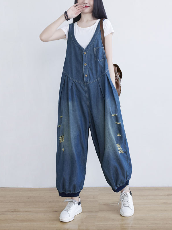 Single Breasted Button Sleeveless V Neck Wide Leg Denim Jumpsuit