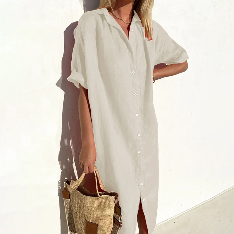 Button Down Comfy Linen Cotton Midi Dress wearshes