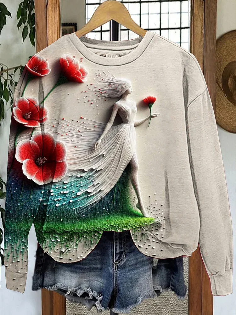 Women's 3D Beautiful Girl And Floral Art Print Casual Sweatshirt