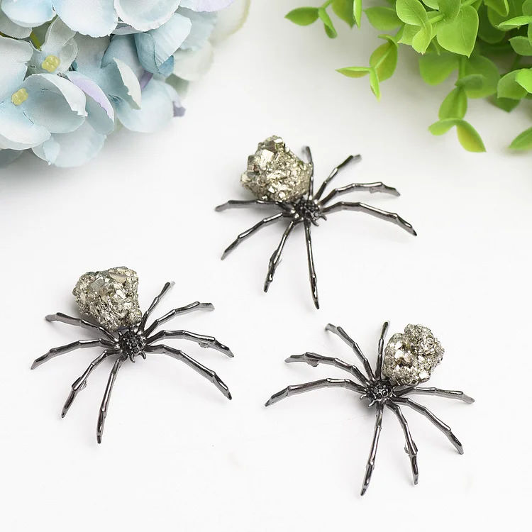2.0" Metal Spider with Raw Pyrite Stone Decor Free Form for