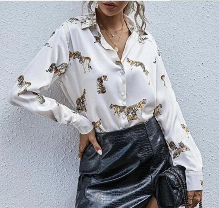 Women Satin Blouse Long Sleeve Zebra Print Shirts Vintage Office Ladies Tops Femme 2021 Fashion Loose Blusa De Mujer Casual