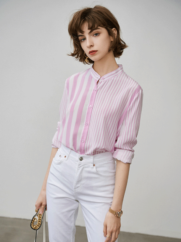 Blouse en soie à rayures roses et blanches 1
