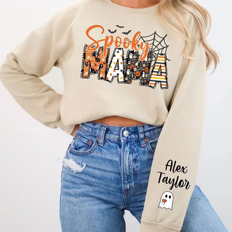 Custom Halloween Spooky Mama Sweatshirt with Kids Name on Sleeve Sweatshirt, Cool Mama Halloween Sweatshirt, Mama Halloween Gift,Custom Mama