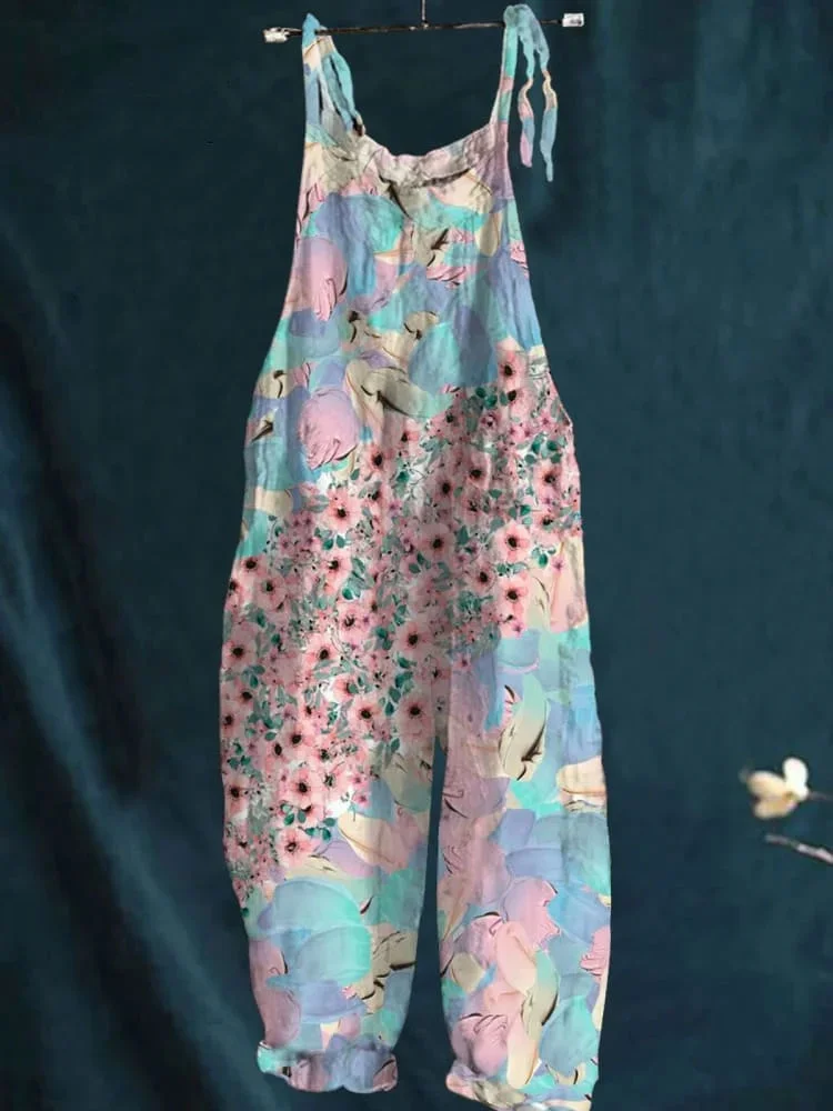 Women's Vintage Lovely Floral Art Print Casual 100% Cotton Wide Leg Jumpsuit