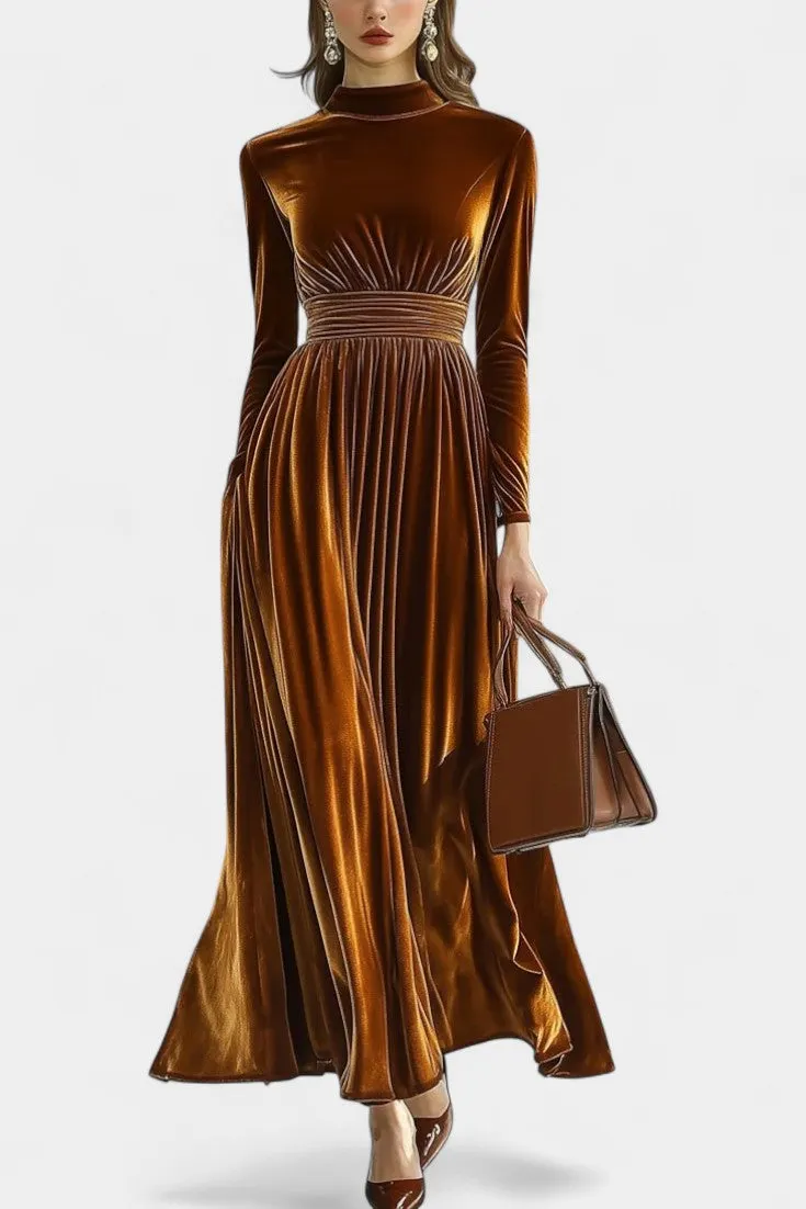Velvet Maxi Dress with High Neck and Pleated Skirt