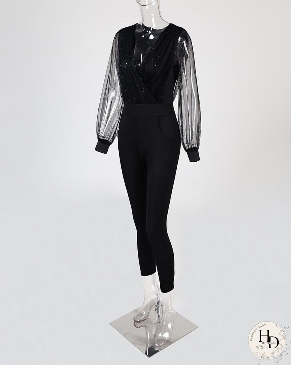 Sheer Mesh Glitter Pocket Design Jumpsuit P14716