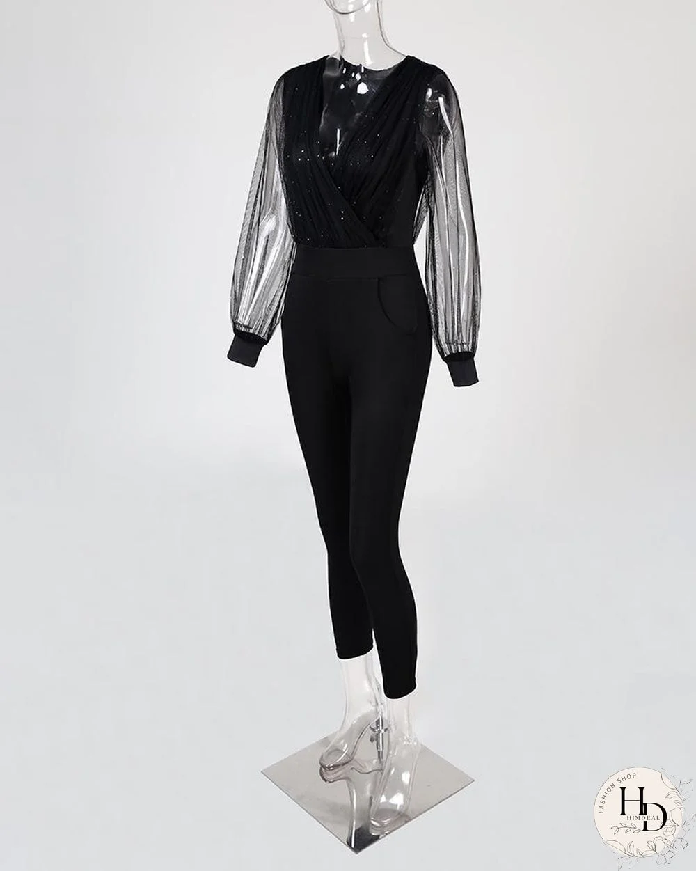 Sheer Mesh Glitter Pocket Design Jumpsuit P14716