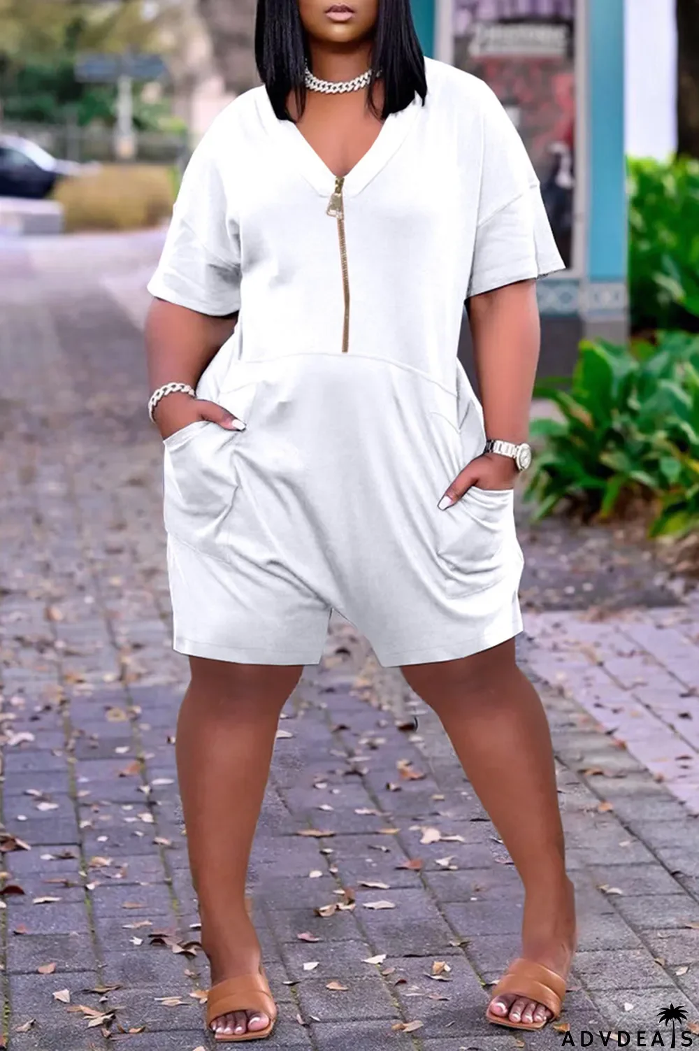 White Fashion Casual Solid Pocket V Neck Loose Romper