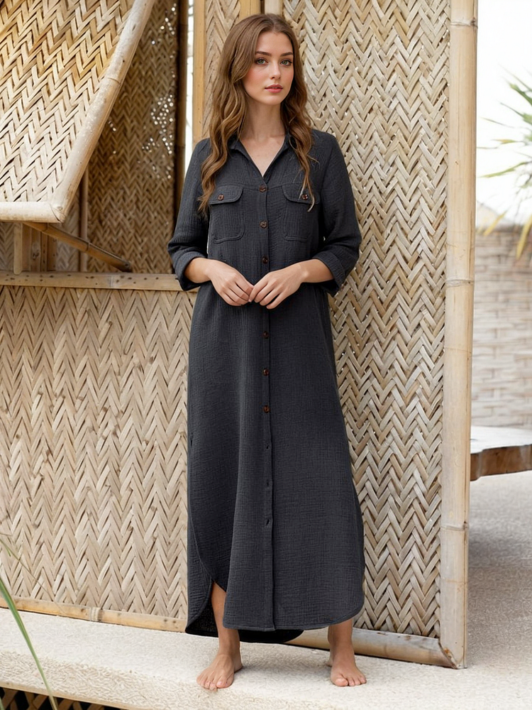 Valentina Linen Blend Shirt Dress Charcoal