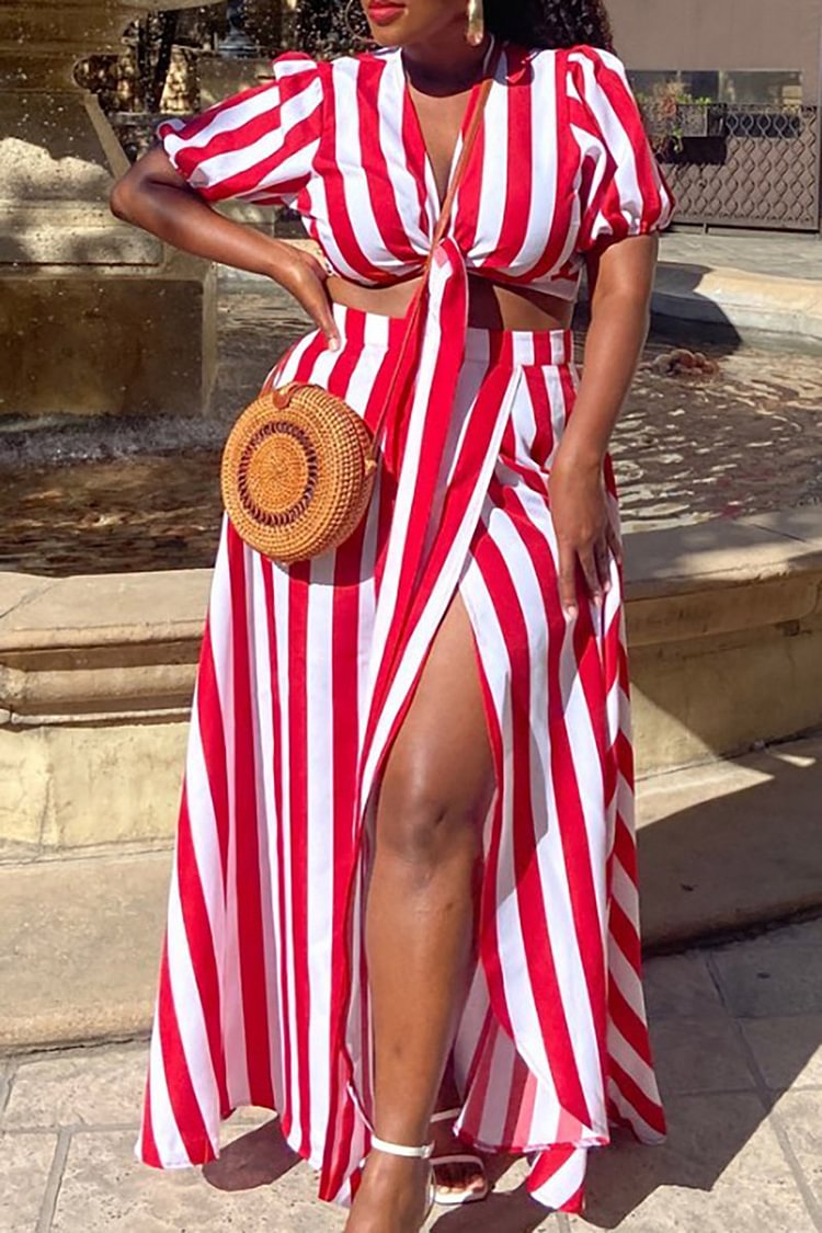 Xpluswear Plus Size Red Casual Stripe Print Short Sleeve High Slit Two Piece Skirt Sets [Pre-Order]