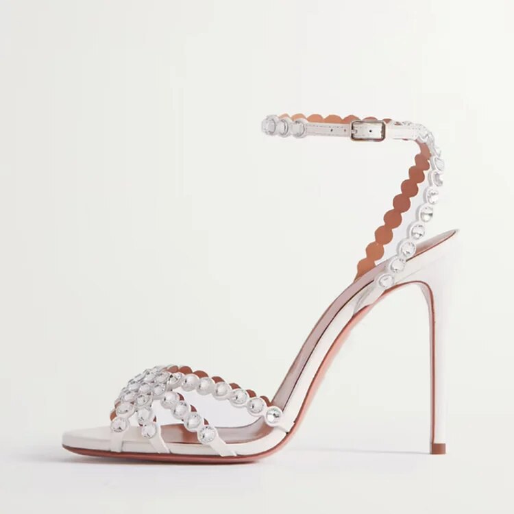 TAAFO Blue Rhinestones Sandal Women's Open Toe Stiletto Heels Shoes 