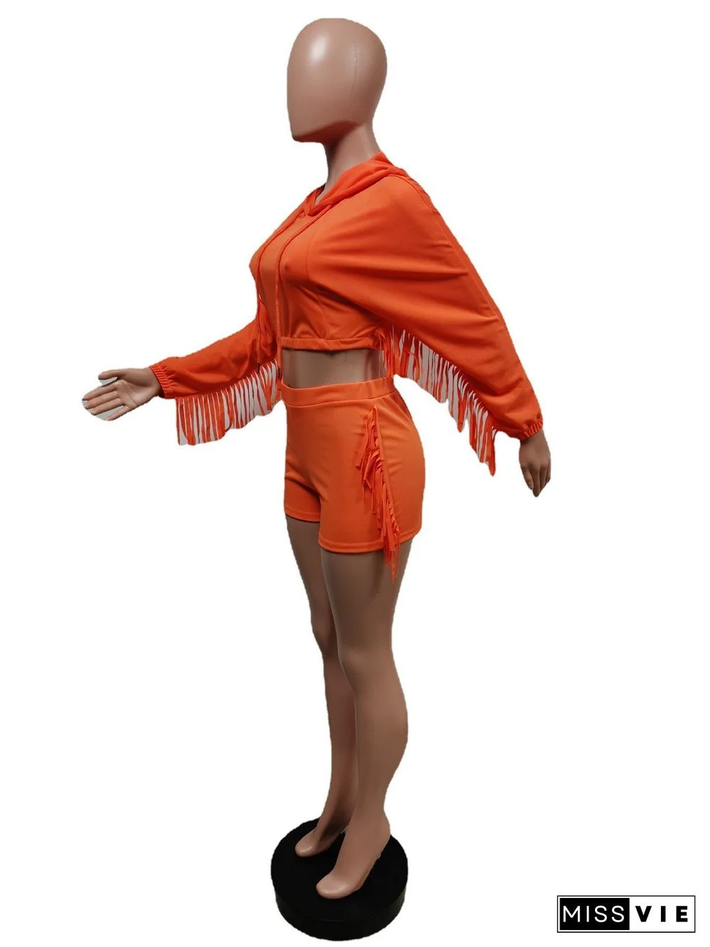 Tassel Hooded Crop Top+Bike Shorts Sets