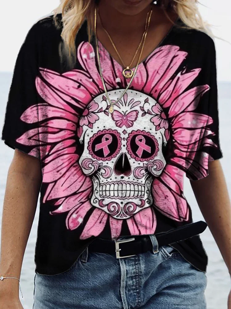 Pink Ribbon Floral Skull Casual V Neck T Shirt