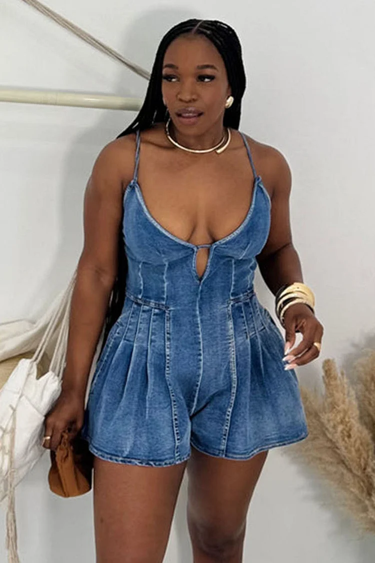 Notched Neck Back Cross Cami Pleated Denim Romper Playsuit-Blue [Pre Order]