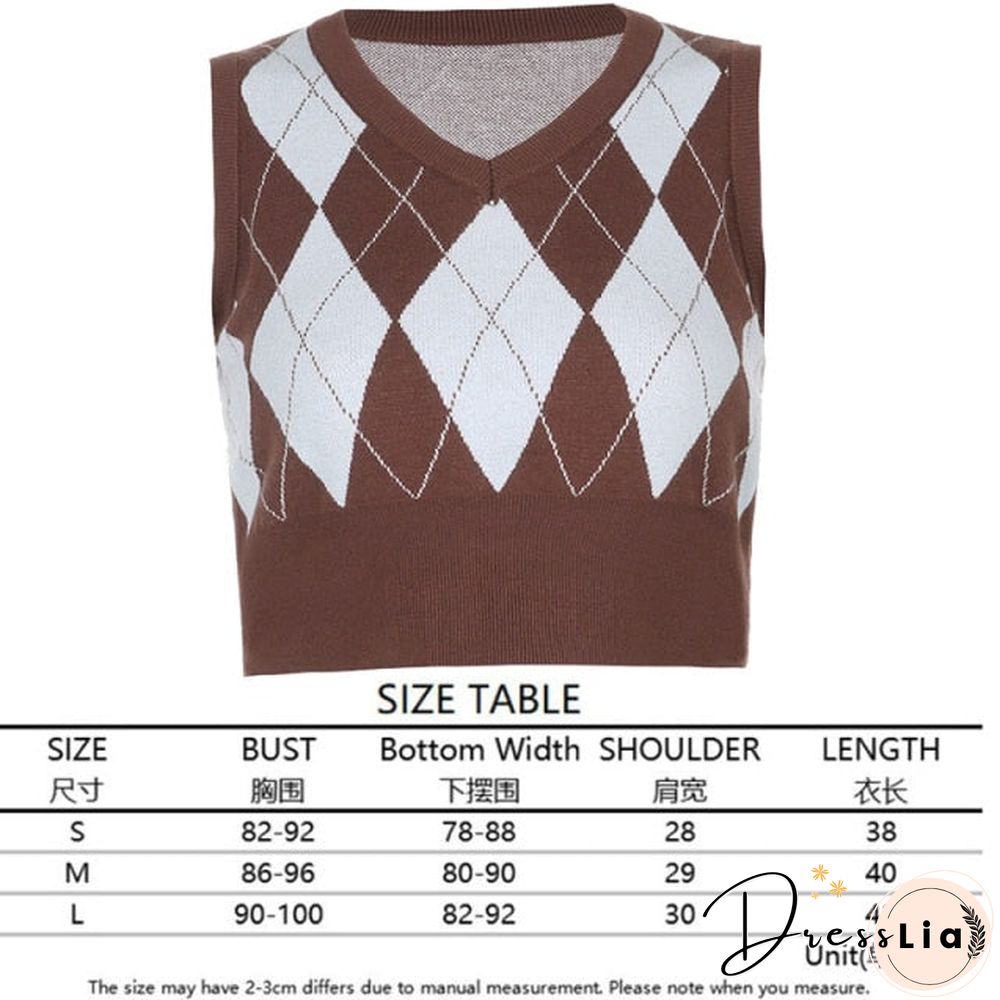 V Neck Vintage Argyle Sweater Vest Women Black Sleeveless Plaid Knitted Crop Sweaters Casual Autumn Preppy Style tops