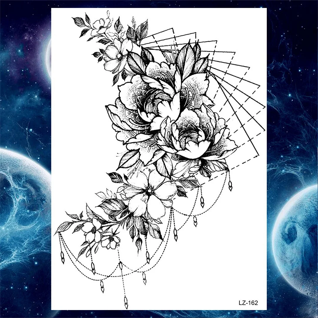Butterfly Flower Temporary Tattoos For Women Moon Peony Tattoo Sticker Floral 3D Rose Fake Jewelry Black Large Tatoos Sexy Girls