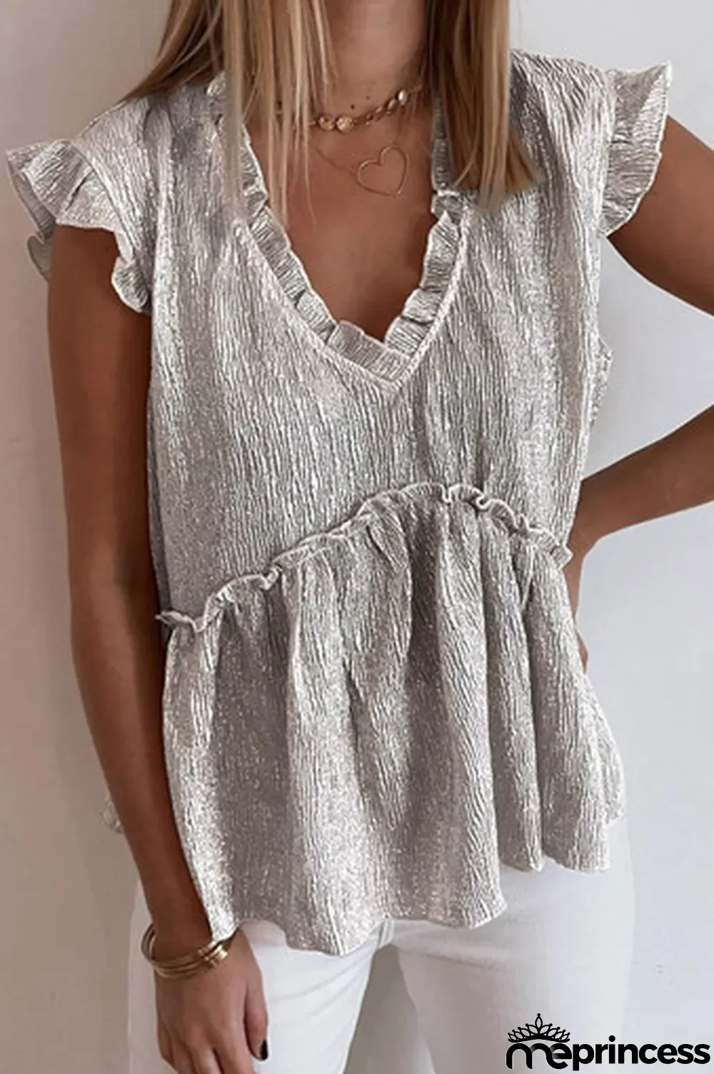 Khaki Frilled V Neck Metallic Crinkle Blouse