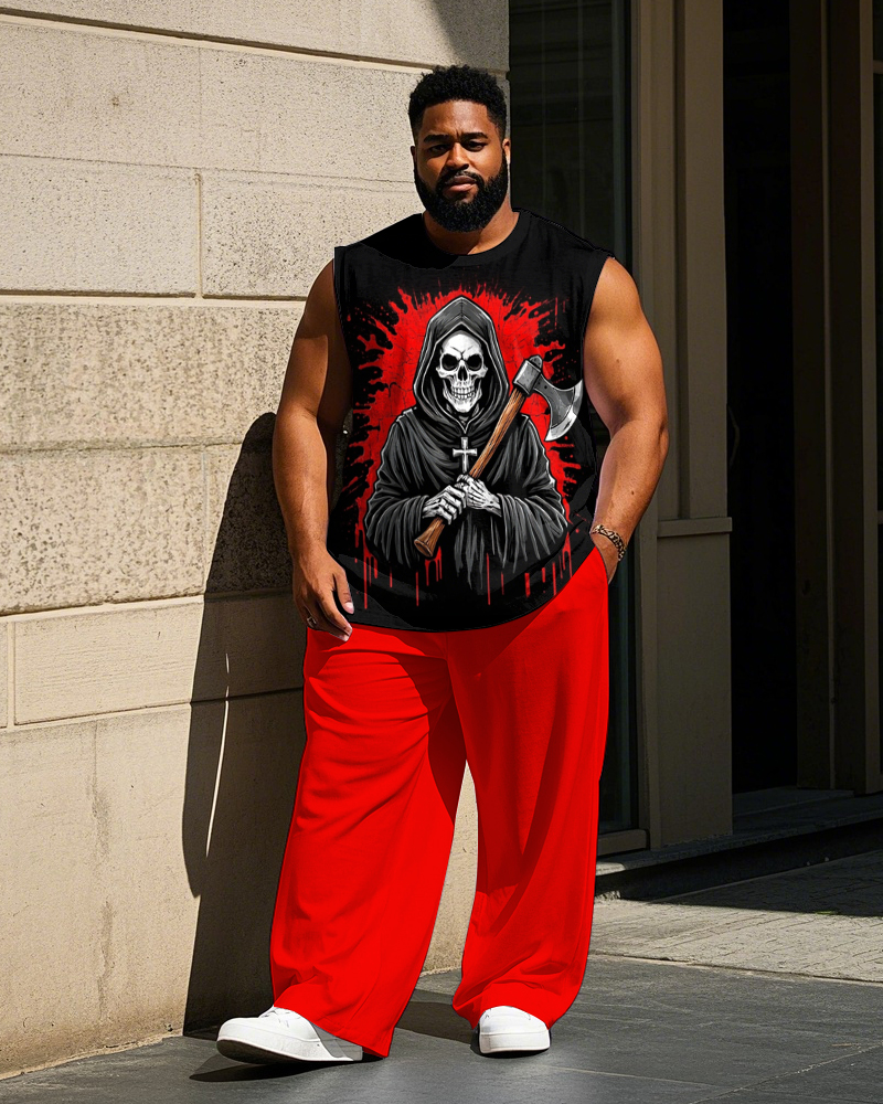 Big and Tall Men's Cartoon Grim Reaper with Sickle Printed Street Fashion Vest and Pants Set