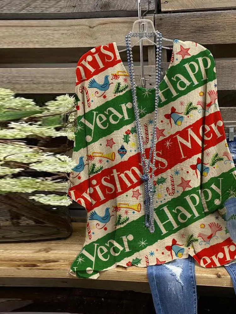 Merry Christmas Printed Round Neck T-Shirt