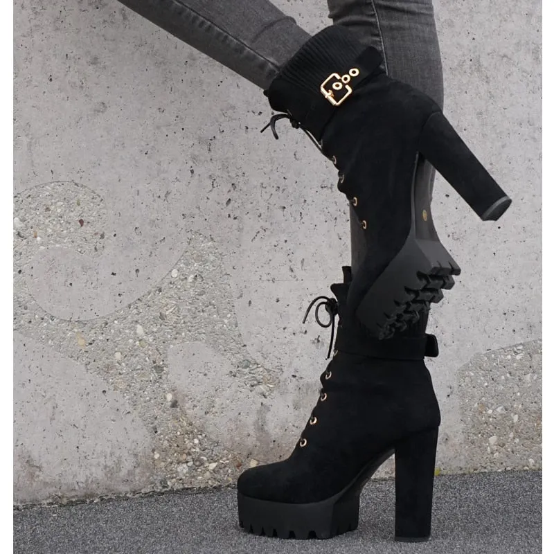 Onlymaker Winter Platform Flock ankle boots thick high heel Buckle Strap for women plus size us5~us13 for ladies booties