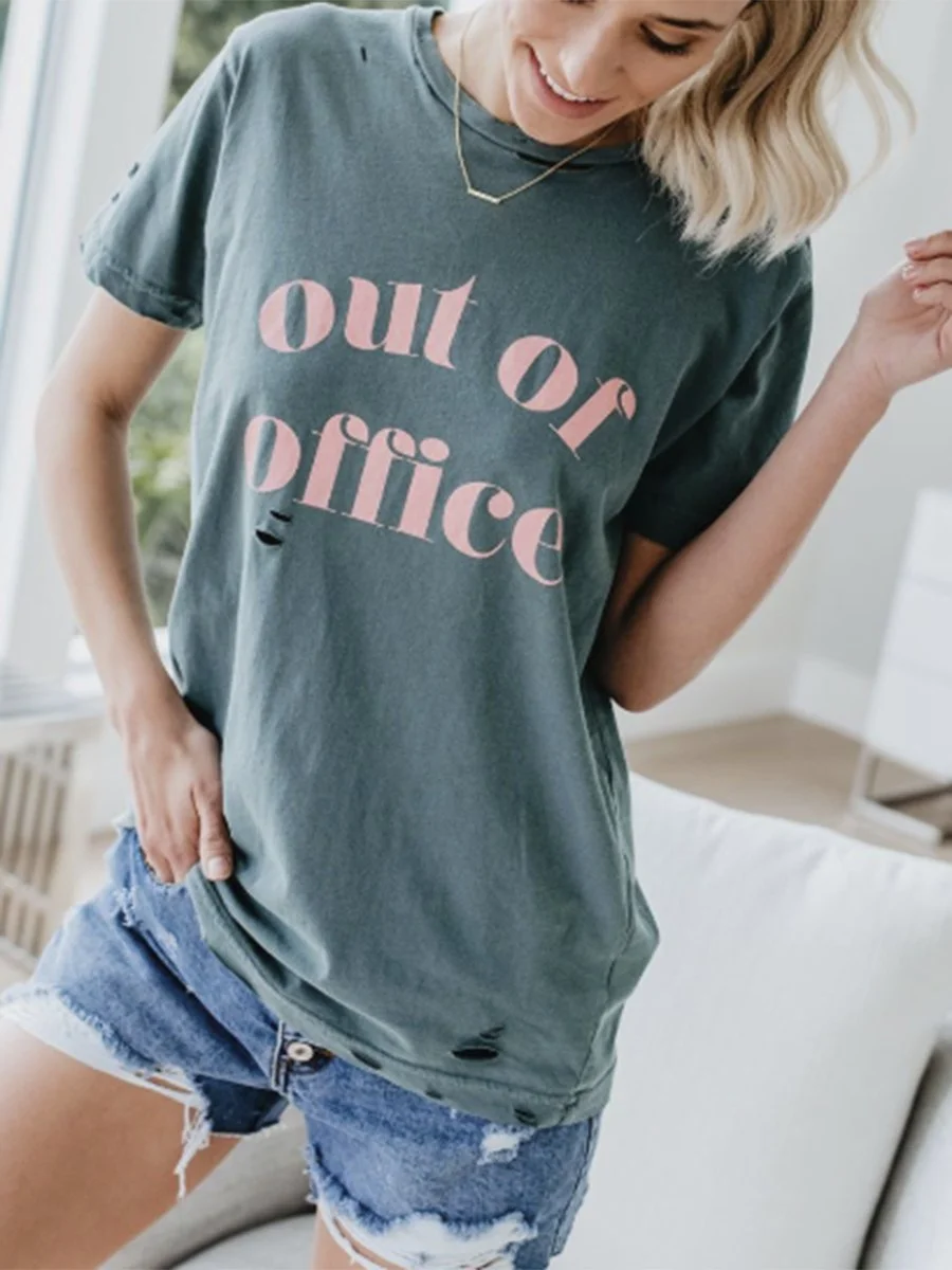 OUT OF OFFICE Round Neck Short Sleeves Worn Out T-shirt