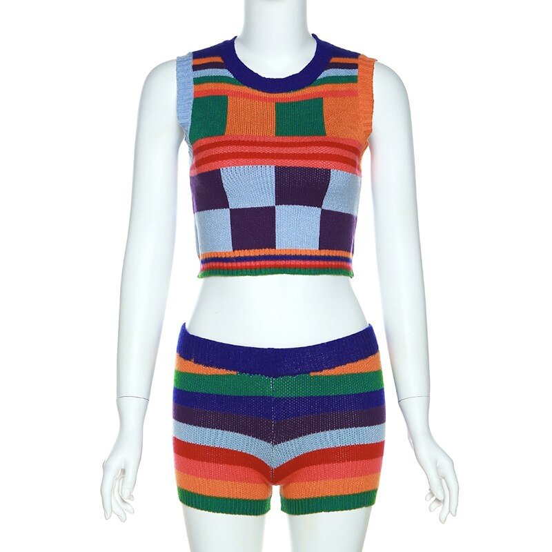 Brownm Multi-Color Knitted Shorts Two Piece Sets Womens Outfits Tank Crop Tops Low Waist Mini Pants Girl Casual Crochet Suit Tracksuits